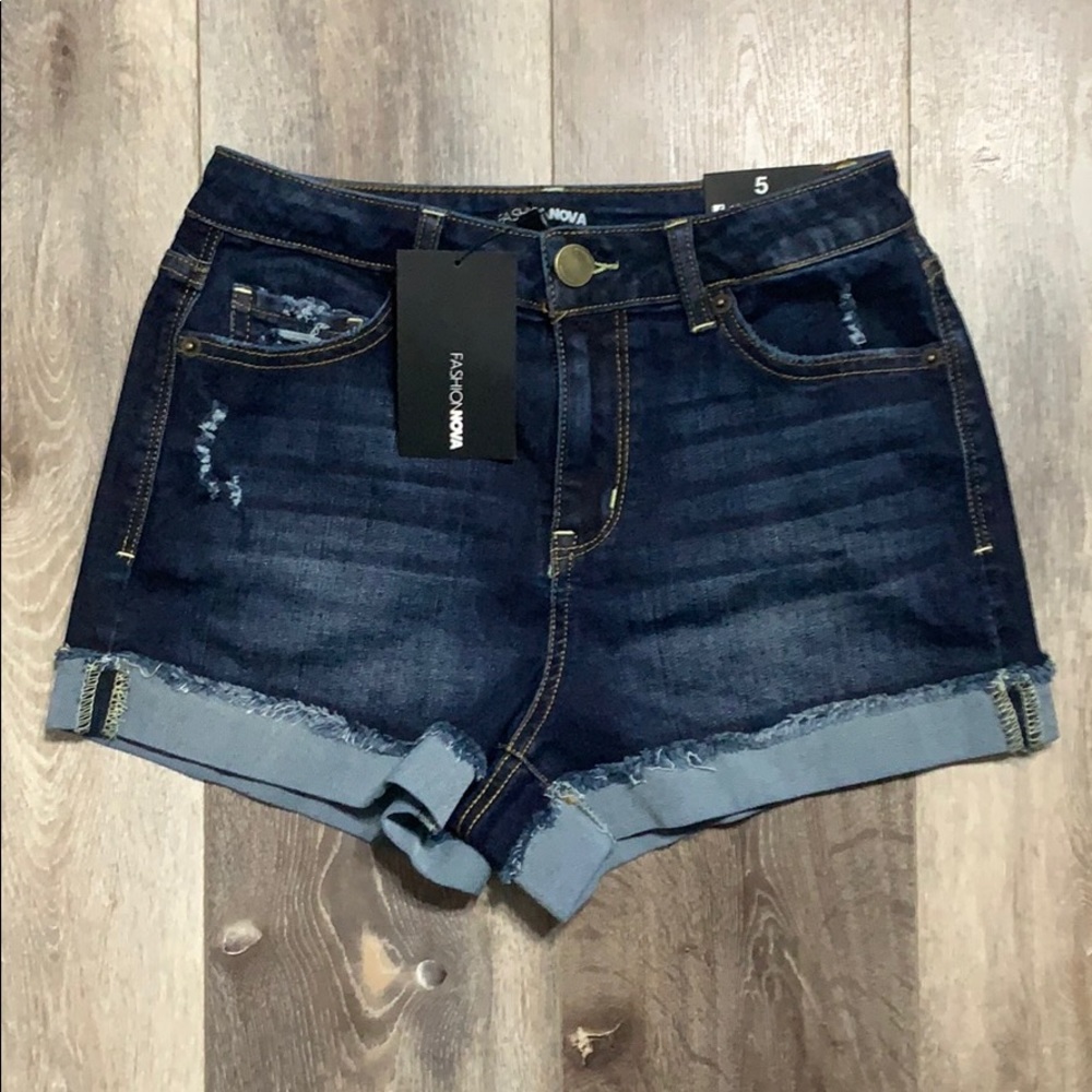 Fashion Nova High Rise Dark Wash Jean Shorts